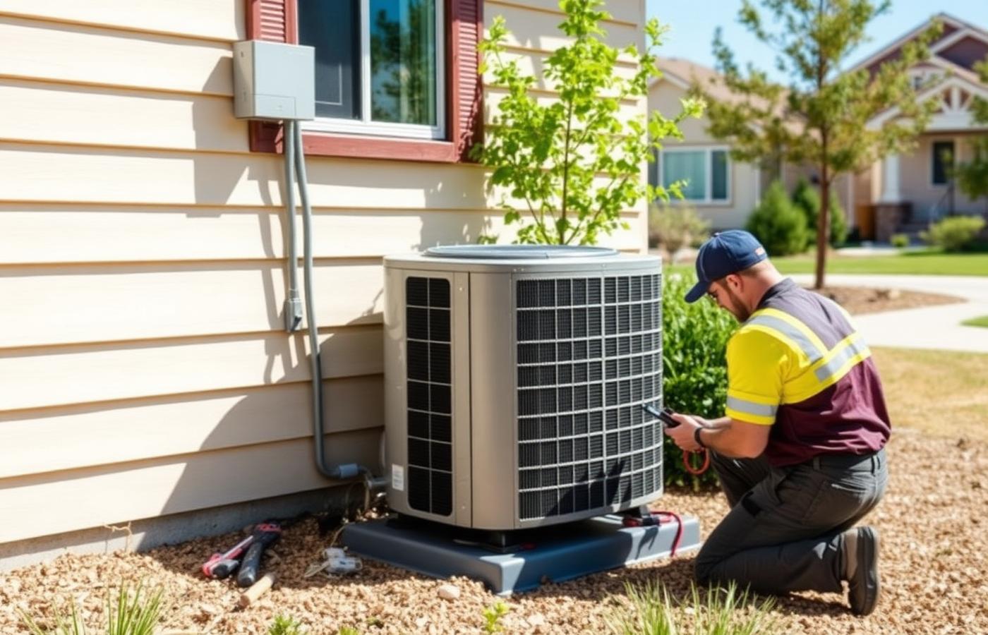 Outdoor air conditioning unit being serviced beside a Colorado home