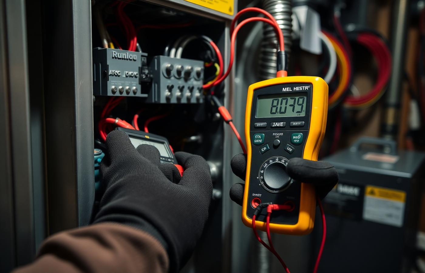 Technician testing HVAC electrical components with a multimeter