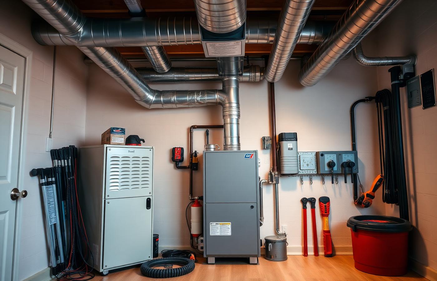 Clean home utility room with furnace and HVAC tools