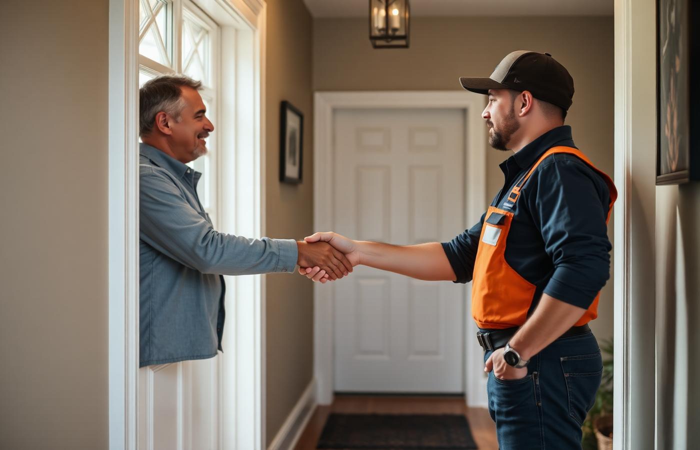 Homeowner greeting an HVAC technician at the door after a service visit