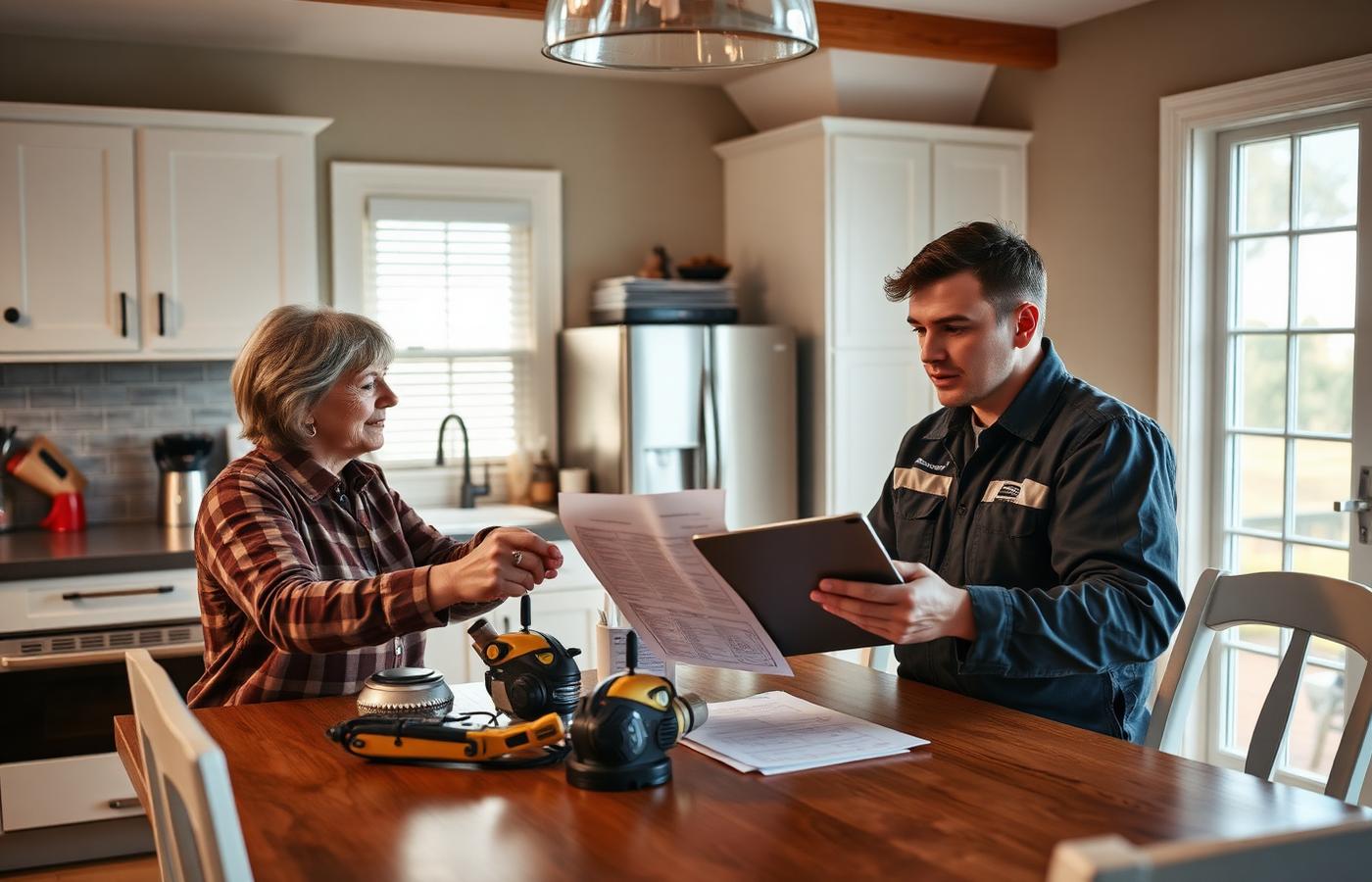Homeowner reviewing HVAC installation options with a technician
