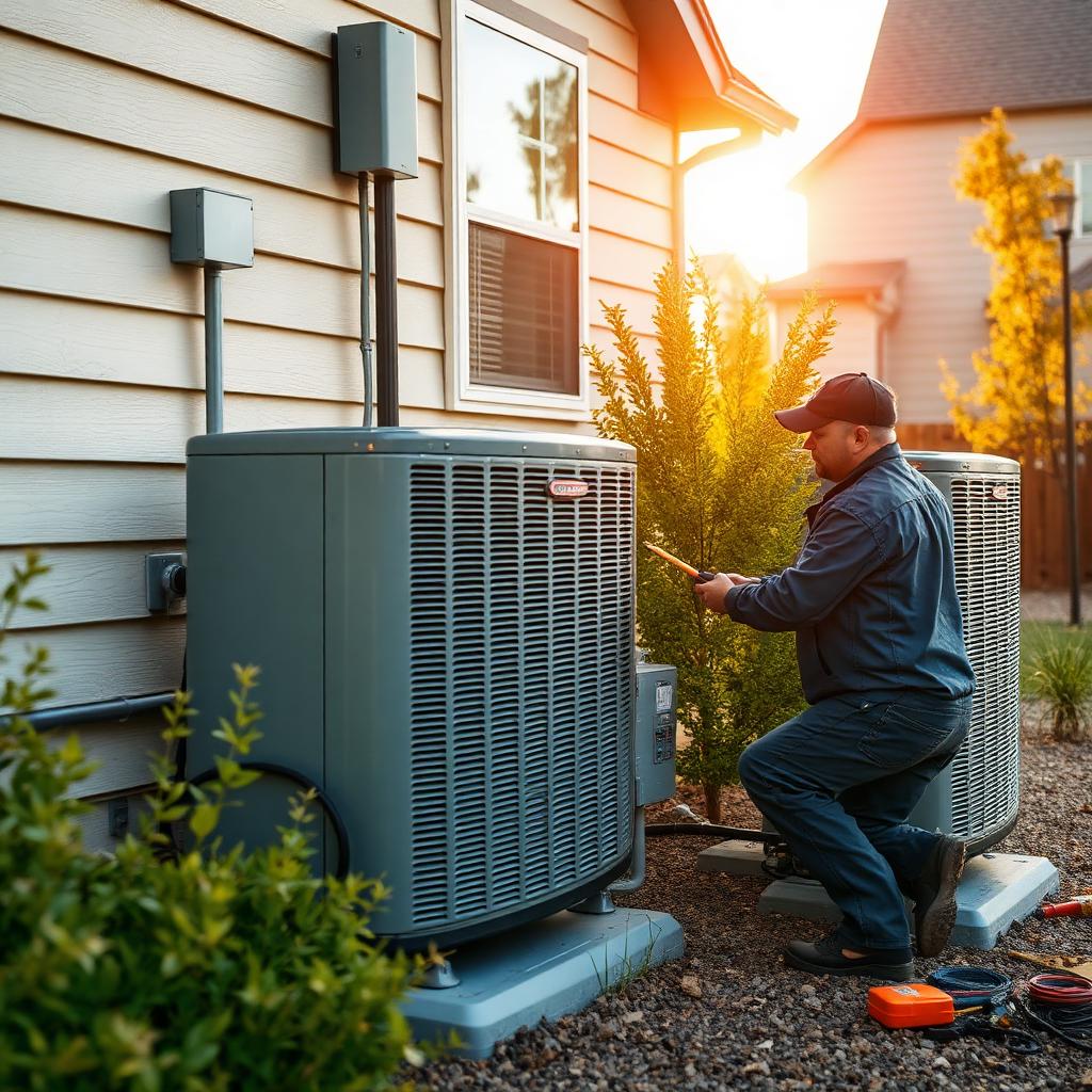 HVAC technician inspecting an outdoor AC unit at a Northern Colorado home in late summer