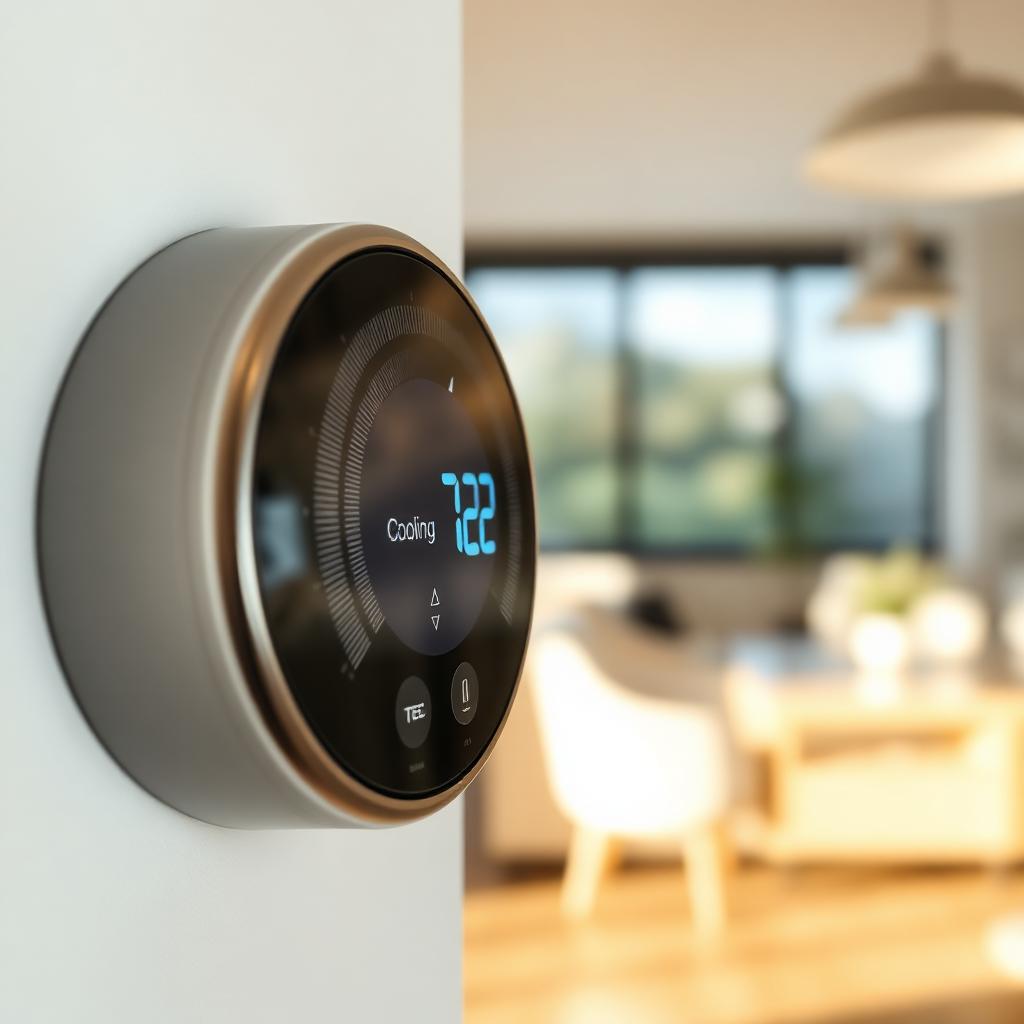 Residential thermostat set to cooling mode inside a bright modern home