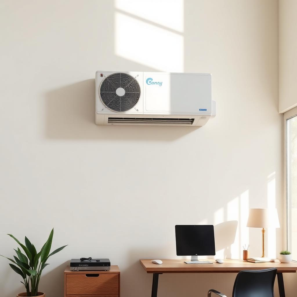 Ductless mini split indoor unit mounted on a wall in a modern home office