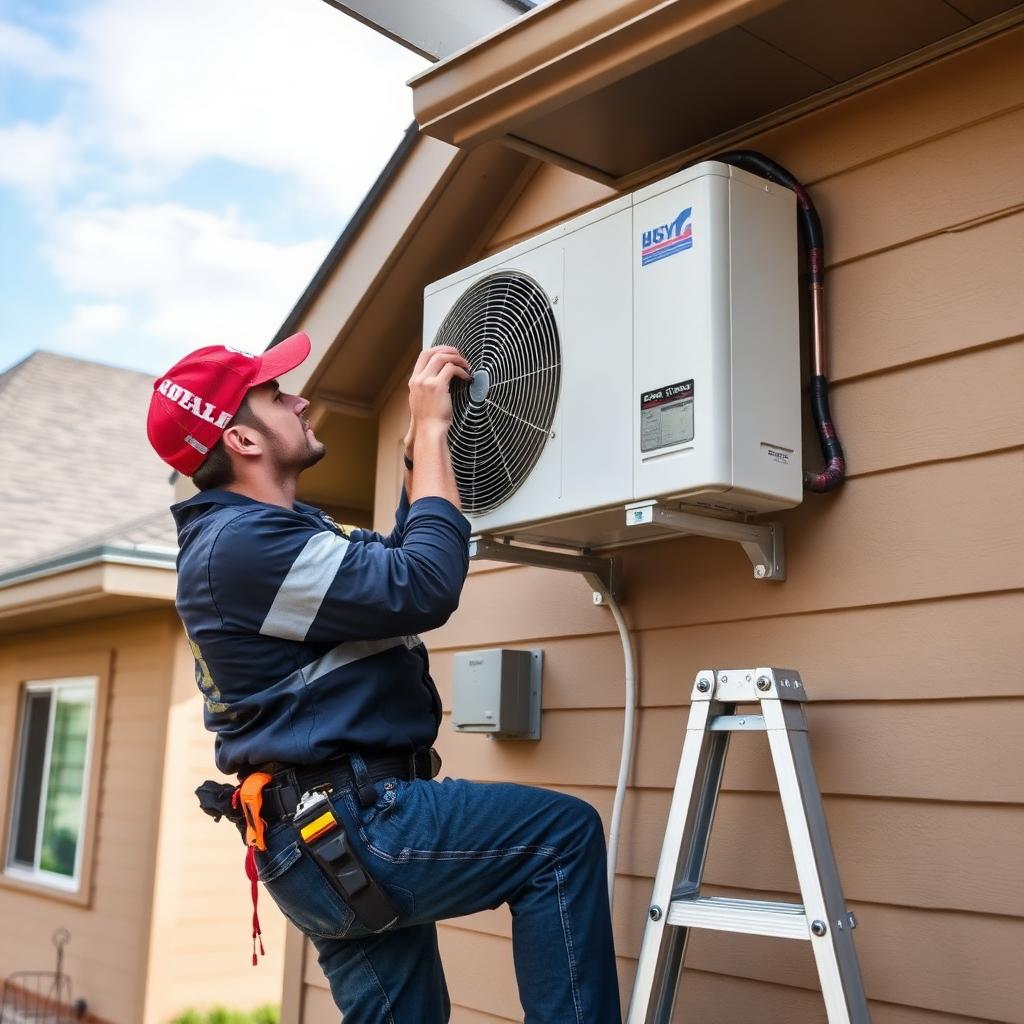 HVAC technician installing a mini split outdoor unit on a Northern Colorado home