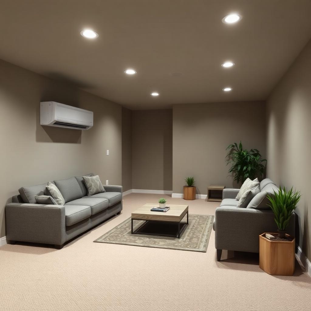 Finished basement living area with a wall-mounted mini split