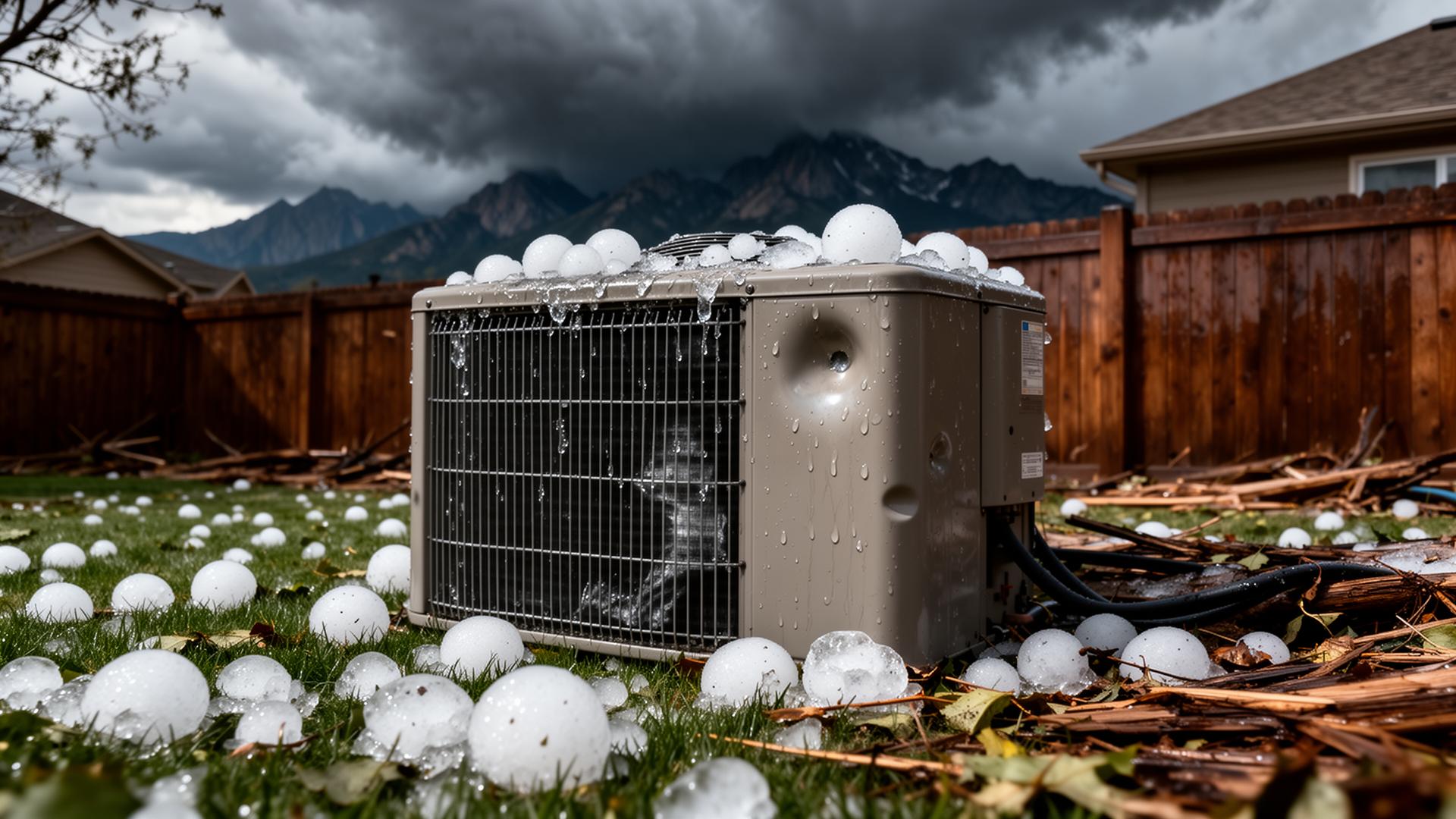 Hail-damaged residential HVAC condenser unit surrounded by golf-ball-sized hailstones after a Denver, Colorado hailstorm
