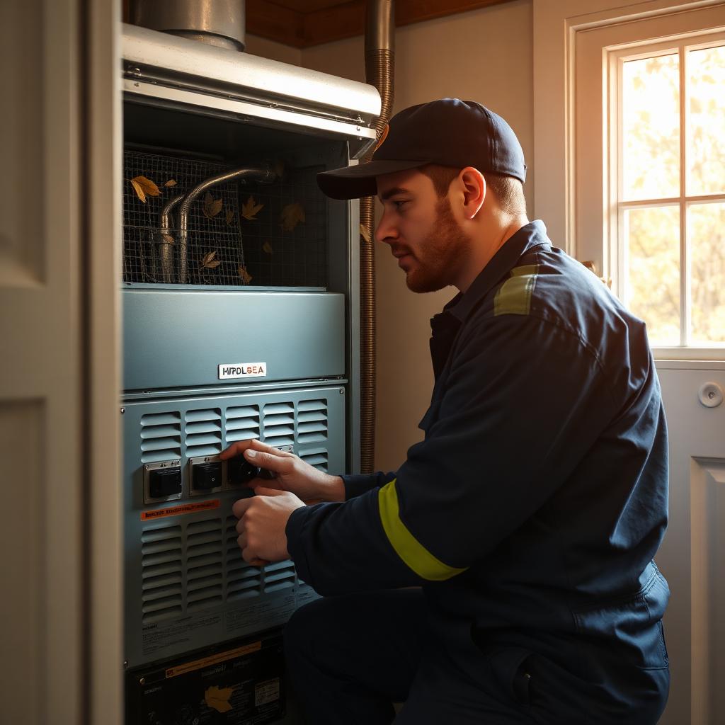 HVAC technician performing fall furnace maintenance in a clean utility room