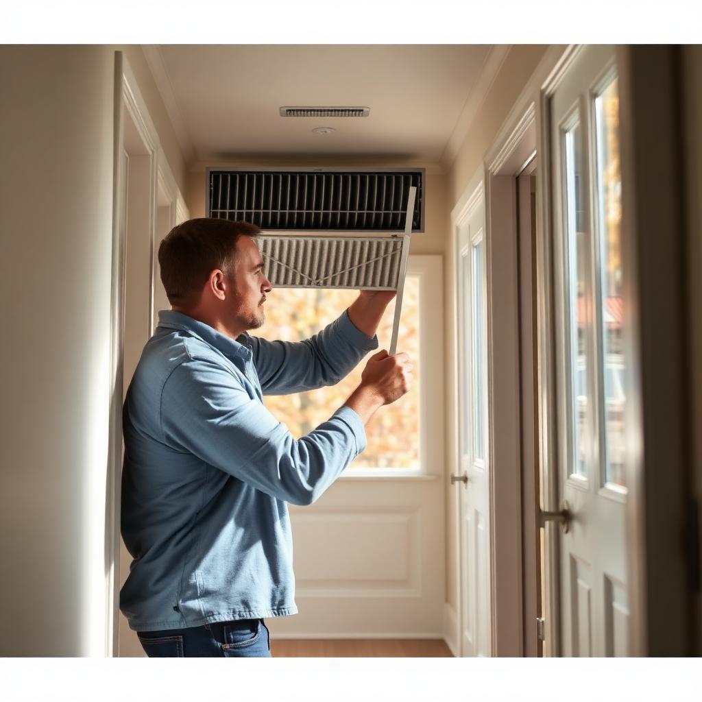 Homeowner replacing an HVAC air filter at a hallway return vent in autumn light