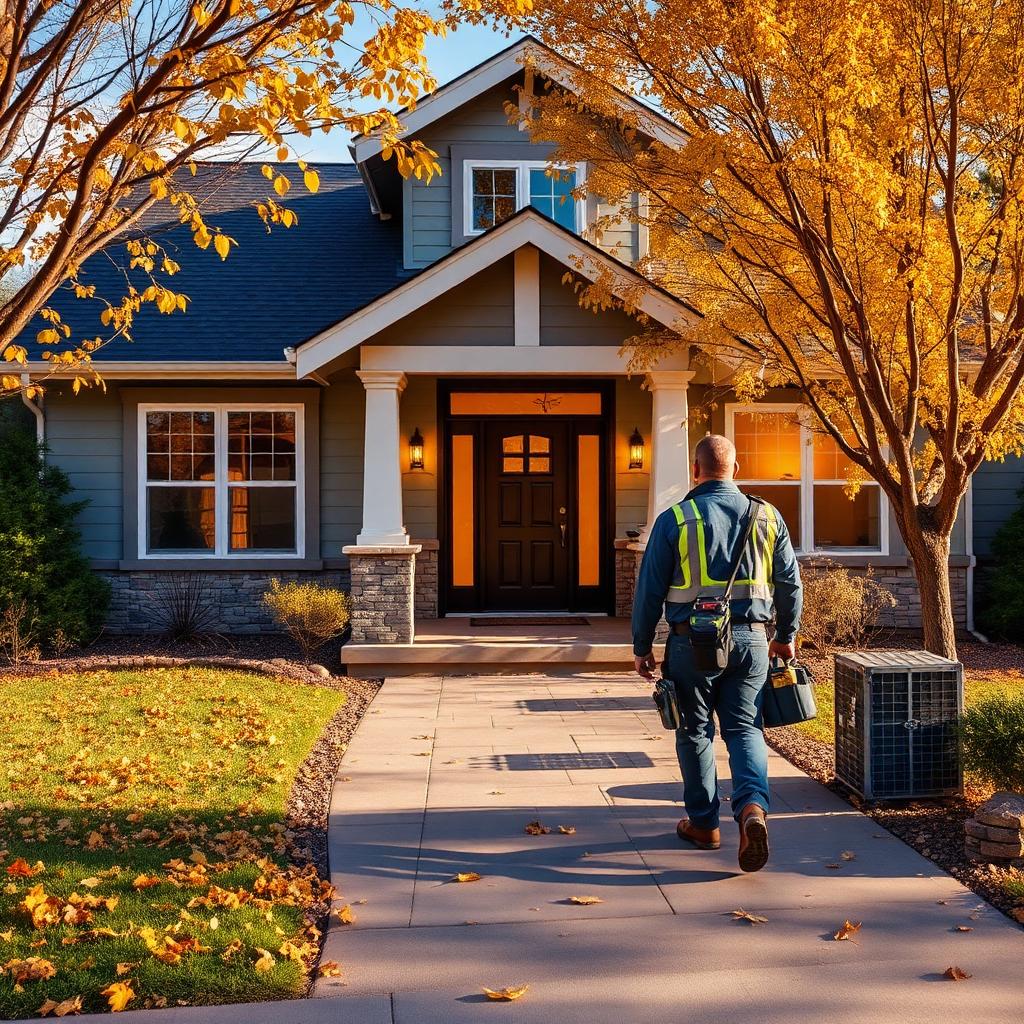 HVAC technician walking to the front door of a Northern Colorado home surrounded by golden fall leaves