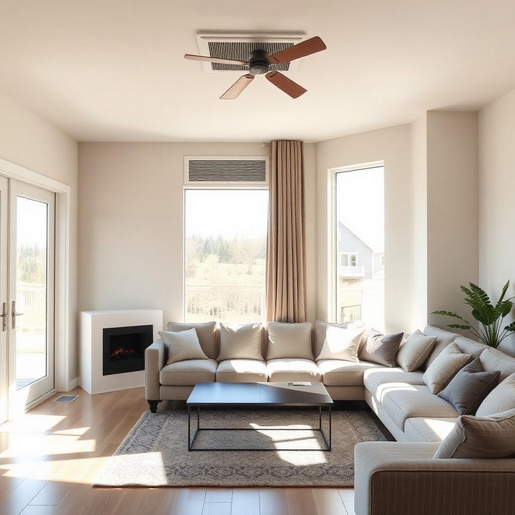 Sunlit living room with a visible HVAC vent in a modern Northern Colorado home