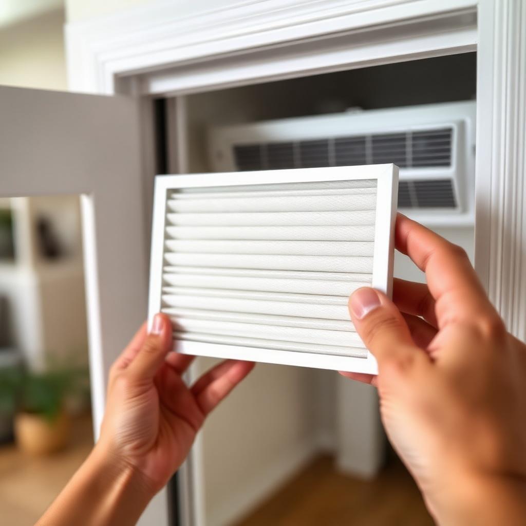 Clean HVAC air filter held beside a residential return vent