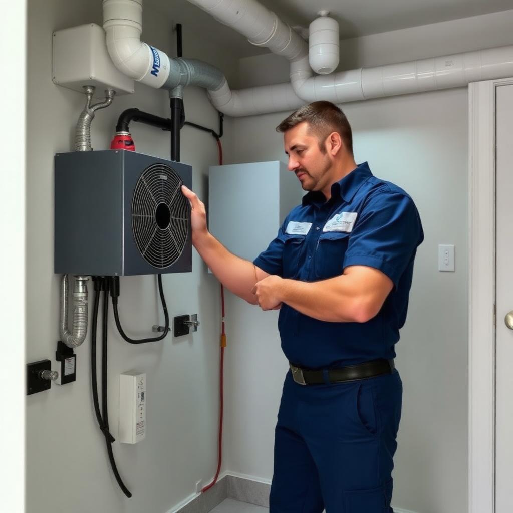 Technician inspecting indoor air quality equipment connected to a residential HVAC system
