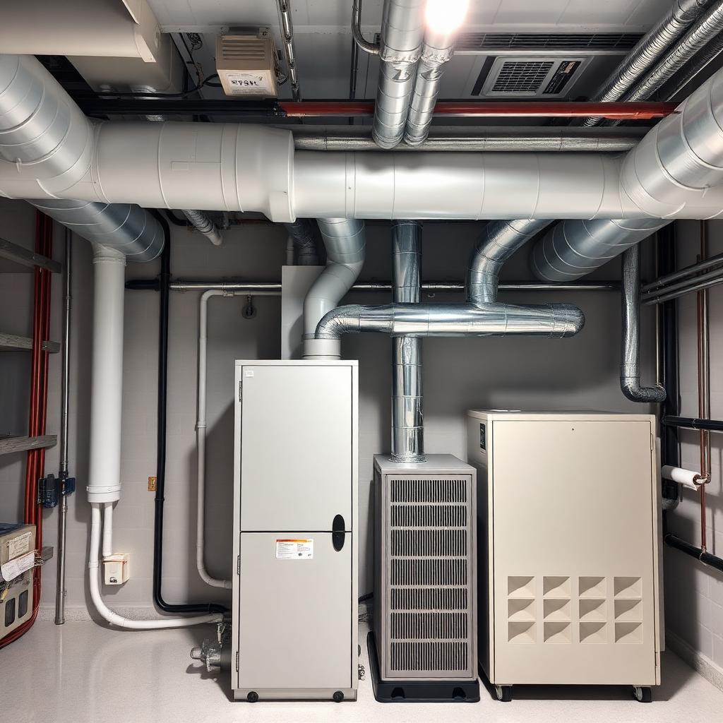 Modern furnace and HVAC equipment with clean ductwork in a bright utility room
