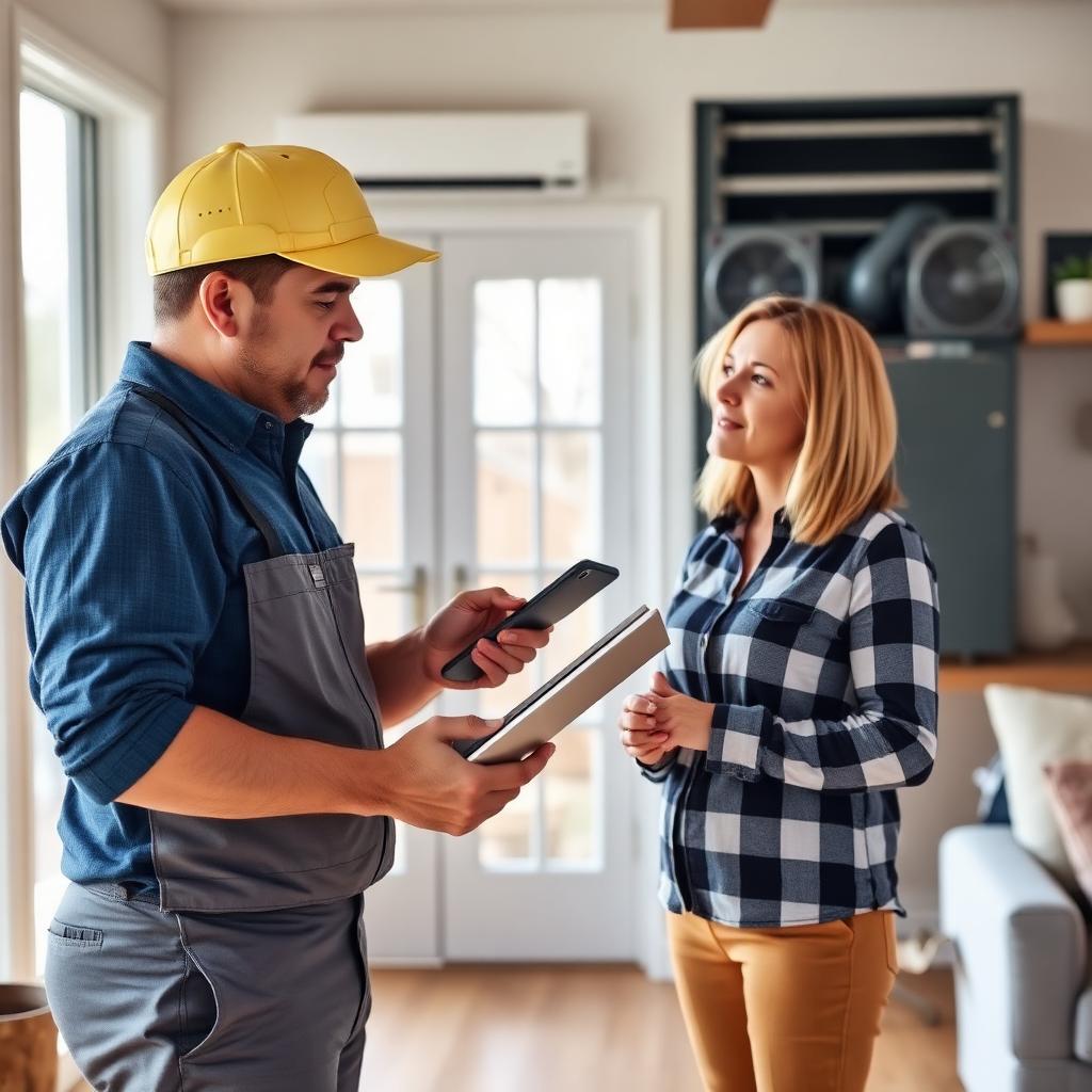 HVAC technician explaining a dual fuel heating and cooling system to a homeowner